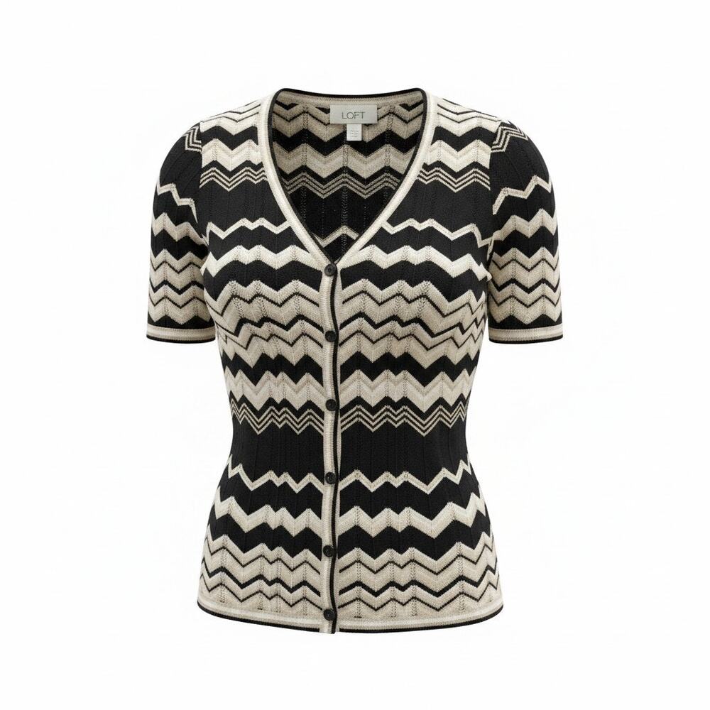 Ann Taylor LOFT XS Black Cream Chevron Cardigan